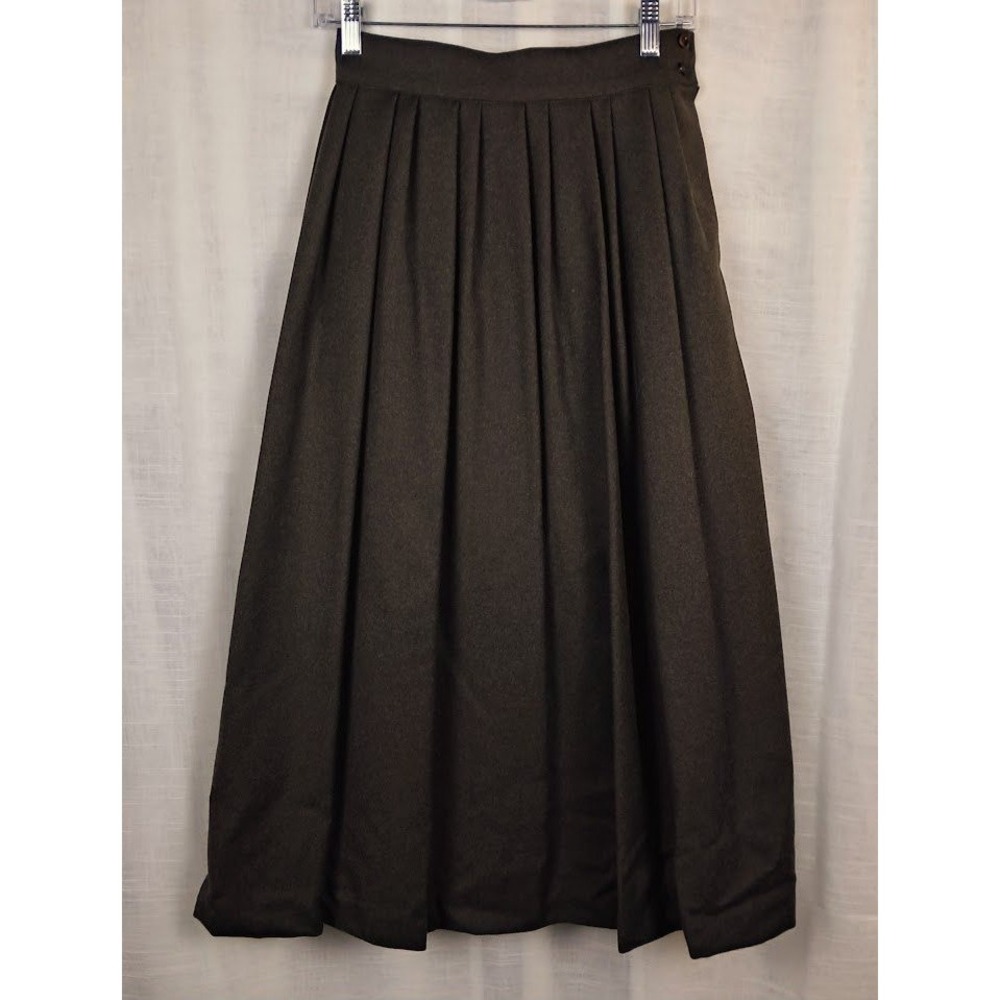 Vintage 70s XS Chasma 100% Wool Box-Pleated Midi Skirt Dark Brown Dirndl Style